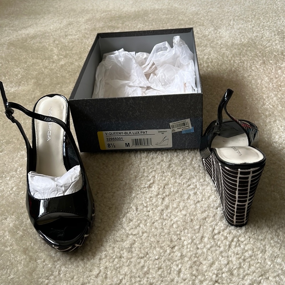 Via Spiga black patent luxury wedge sandal